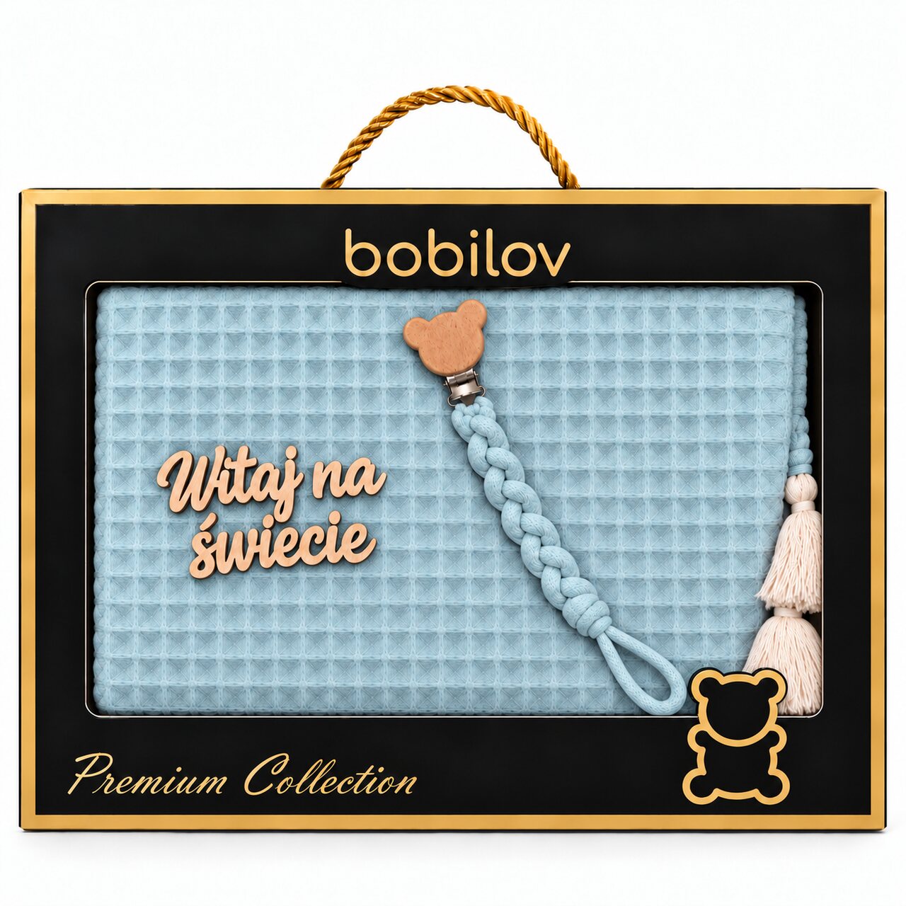 Zestaw prezentowy Witaj na świecie – miętowy kocyk i zawieszka z misiem dla noworodka, wafel 68x55, tabliczka w pudełku BOBILOV