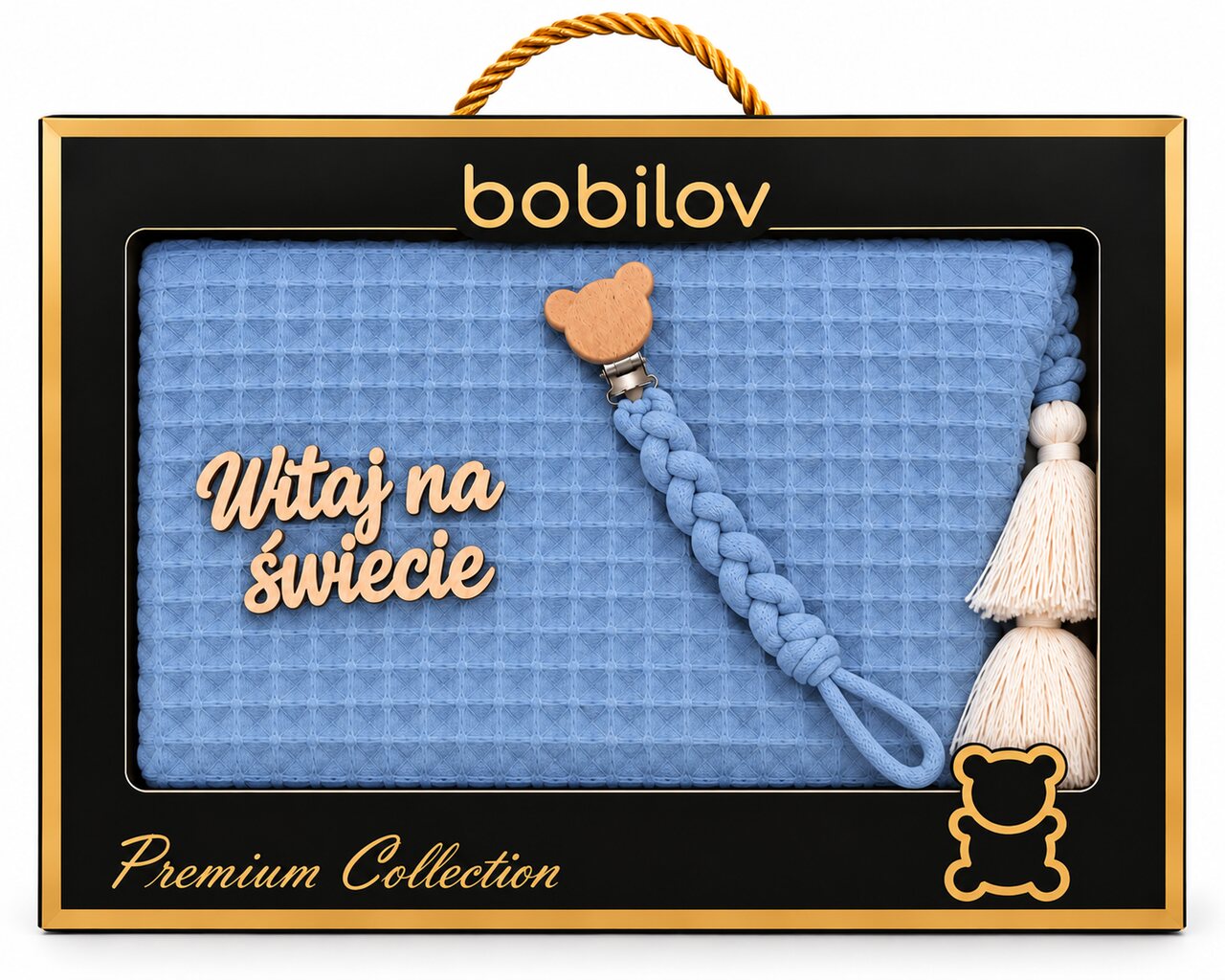 Zestaw prezentowy Witaj na świecie – niebieski kocyk i zawieszka z misiem dla noworodka, wafel 68x55, tabliczka w pudełku BOBILOV