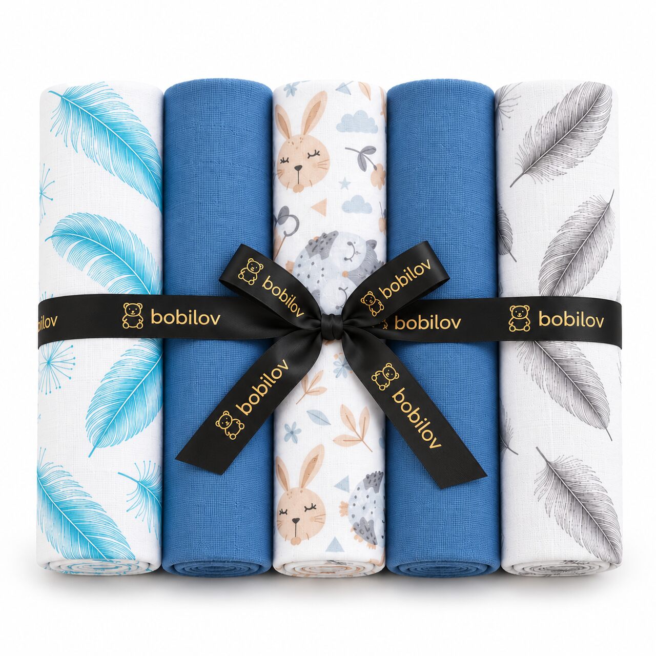 Zestaw 5 pieluszek muślinowych BOBILOV dla chłopca, niebieskie, w piórka i wzór polana